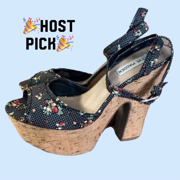 Steve Madden Shoes - Steve Madden Gurllee Black Floral Polka Dot Platform Ankle Strap Sandal Heels